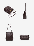 Multiple views of chocolate brown woven vegan leather bucket bag showing front side back and base