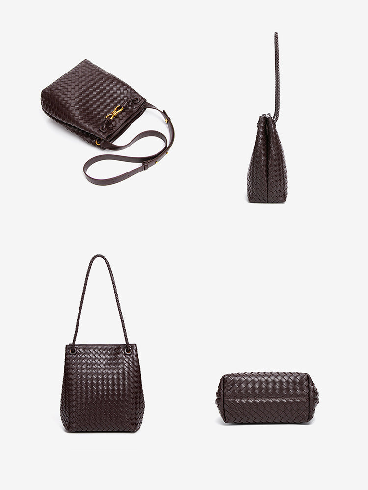 Multiple views of chocolate brown woven vegan leather bucket bag showing front side back and base