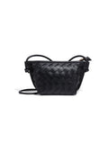 Black woven vegan leather crossbody bag for women with top zip closure and shoulder strap