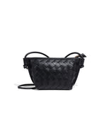 Black woven vegan leather crossbody bag for women with top zip closure and shoulder strap