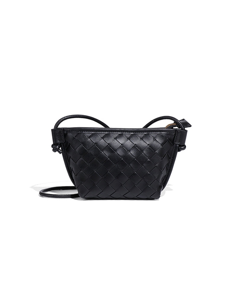 Black woven vegan leather crossbody bag for women with top zip closure and shoulder strap