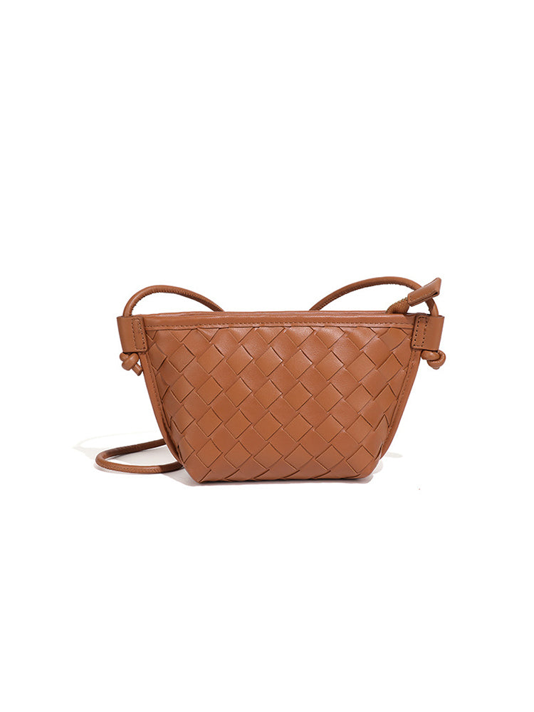 Caramel brown woven vegan leather shoulder bag with basket weave texture for women