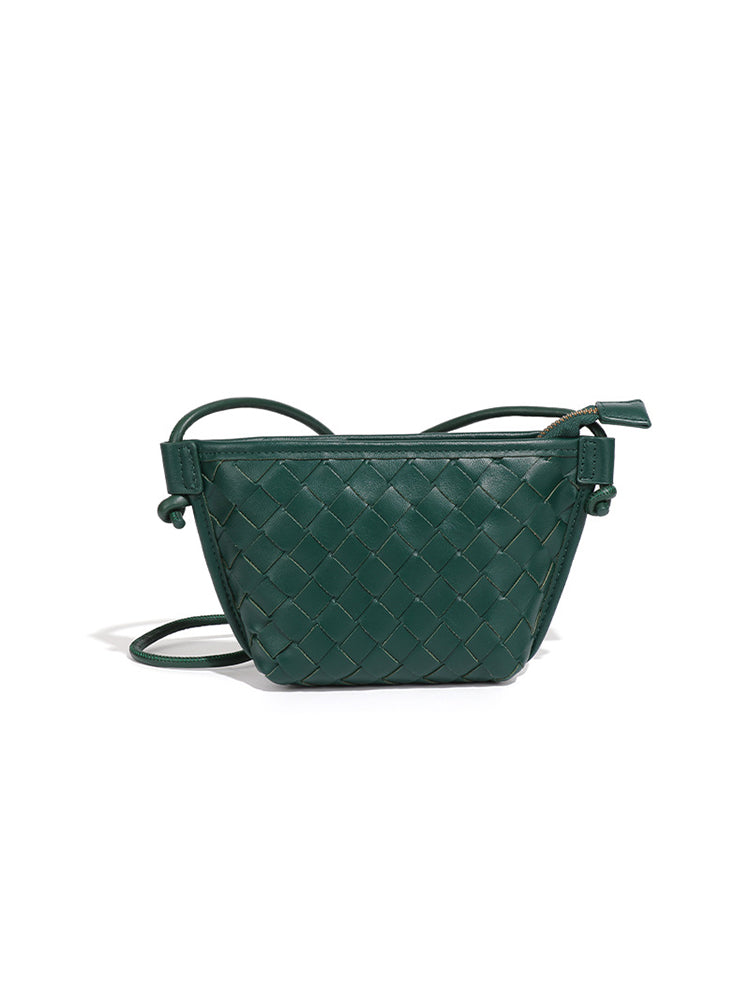 Dark green woven vegan leather crossbody bag for everyday wear with top zip closure