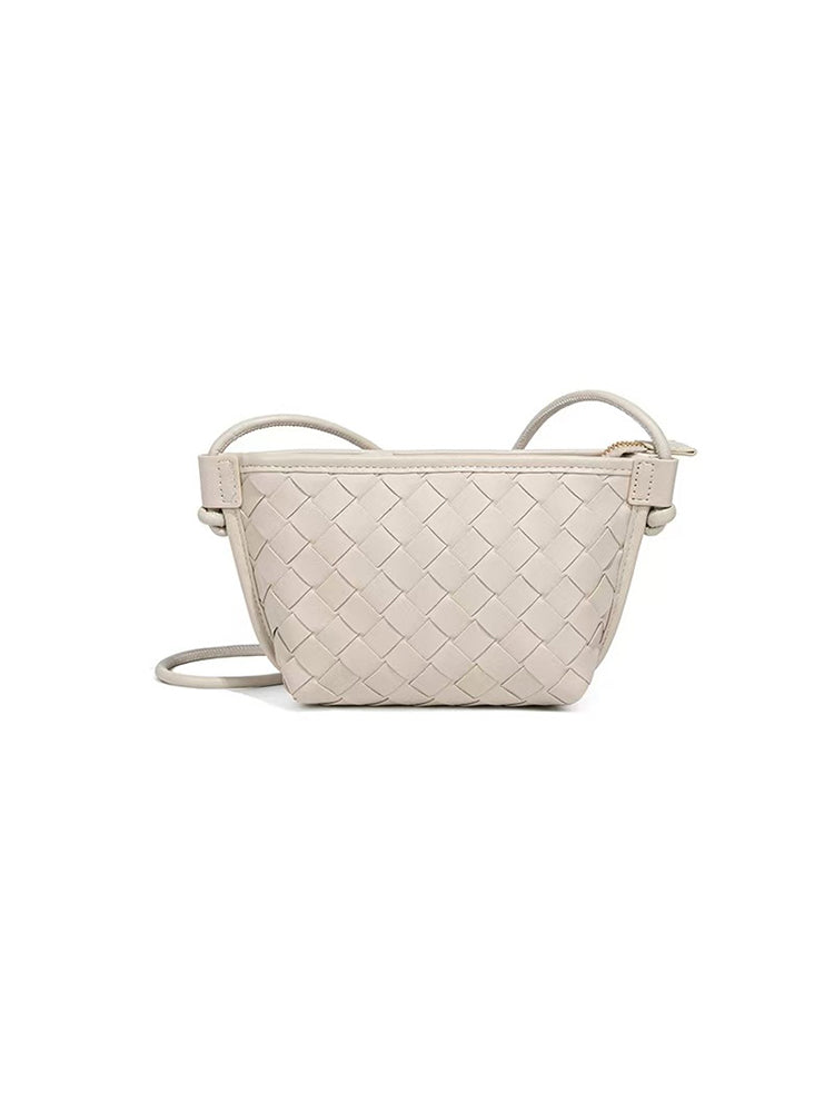 Ivory beige woven vegan leather crossbody purse for women with minimalist shoulder strap