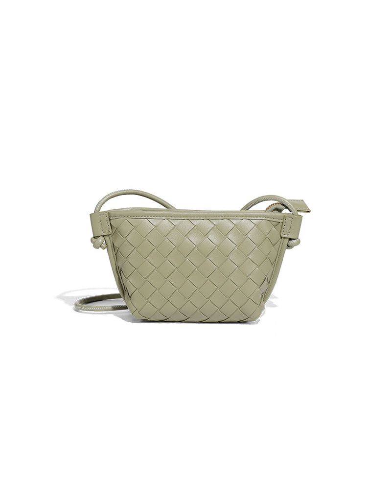 Light sage woven vegan leather shoulder bag for women with compact crossbody design