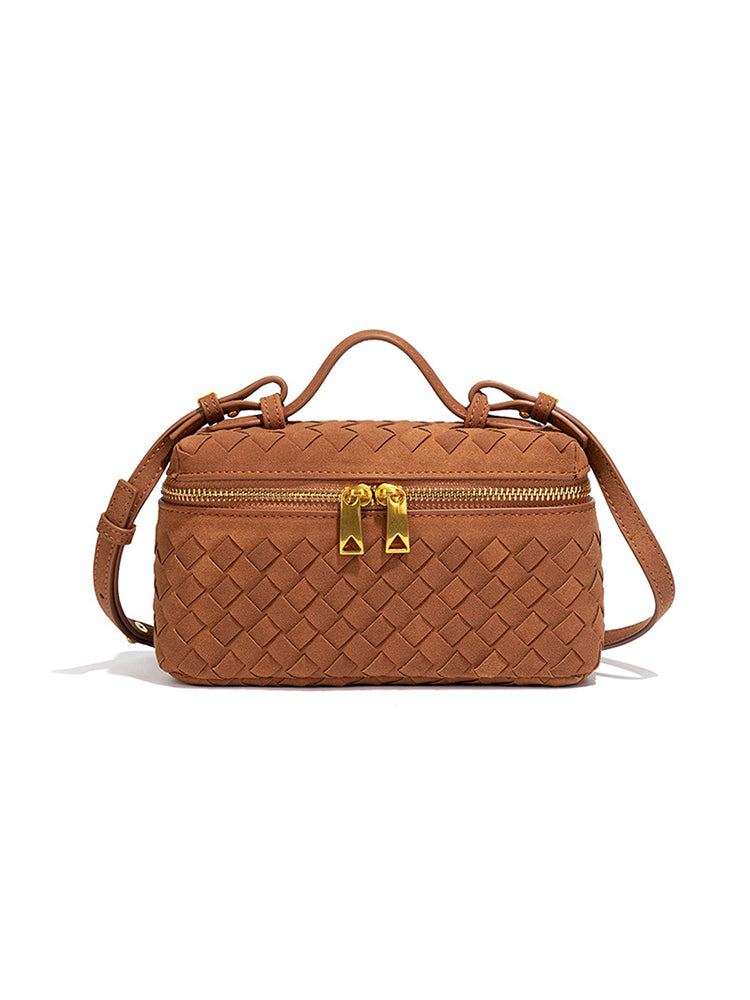 Caramel brown woven vegan leather top handle crossbody bag with basket weave texture