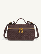 Chocolate brown woven vegan leather top handle crossbody bag with gold double zipper