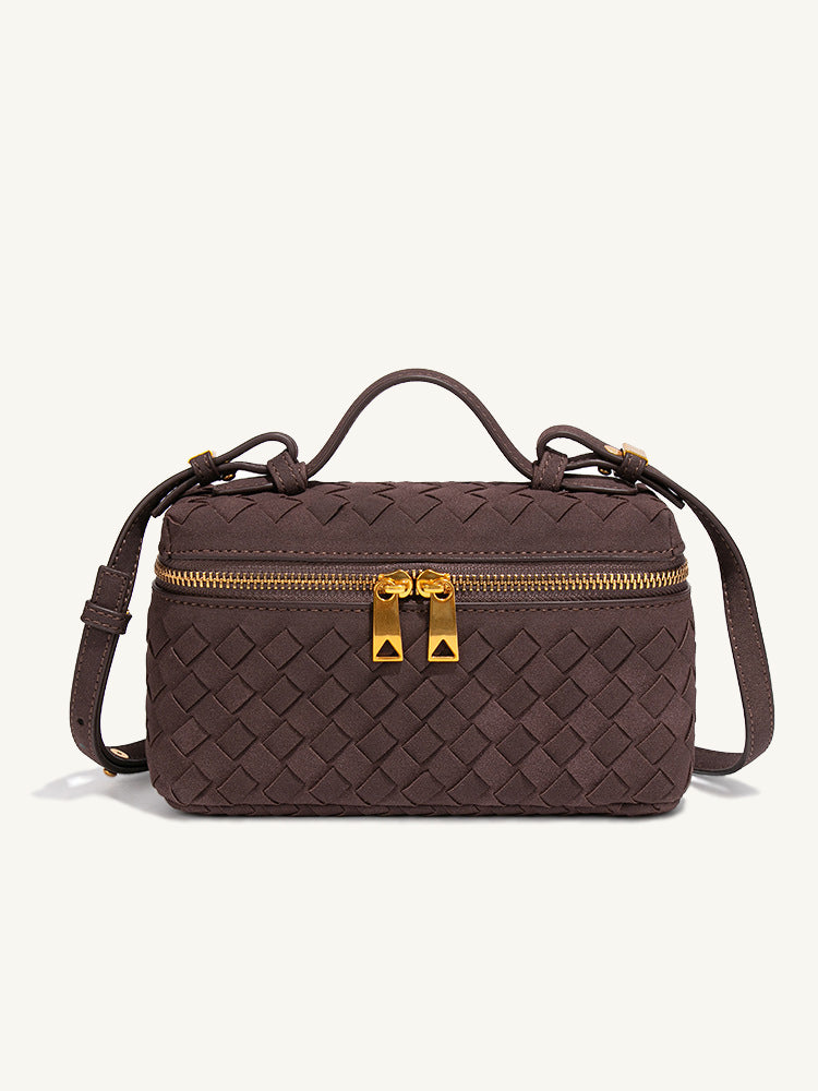 Chocolate brown woven vegan leather top handle crossbody bag with gold double zipper