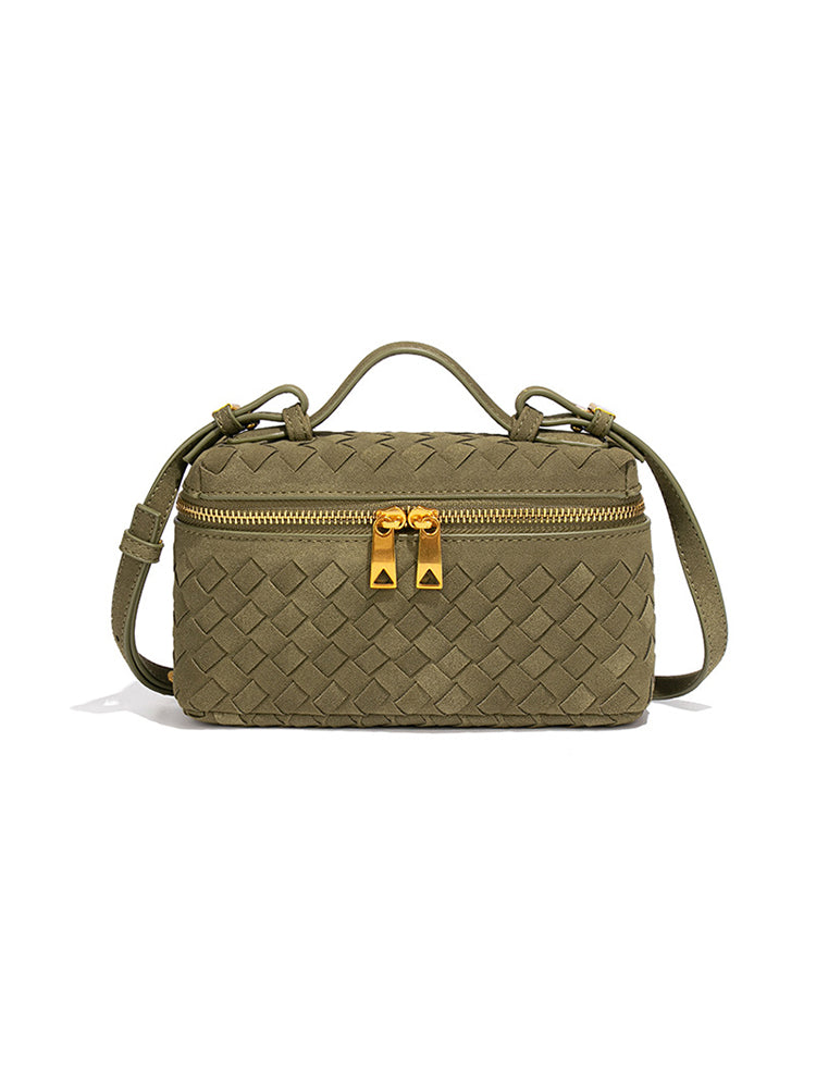 Olive green woven vegan leather top handle crossbody bag with gold double zipper