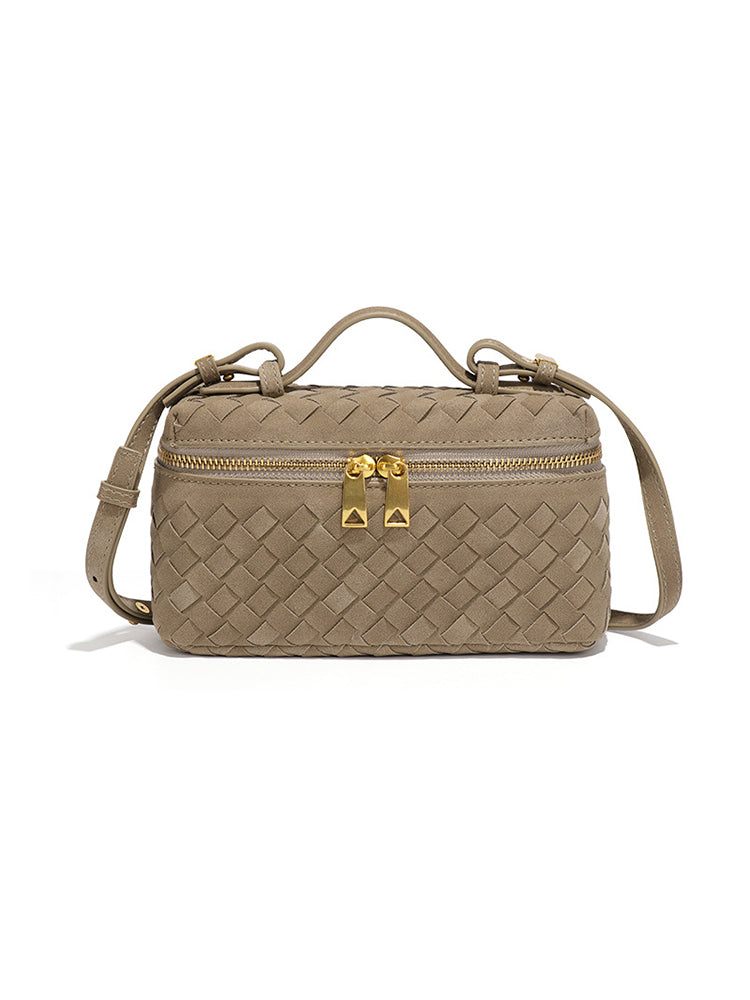 Taupe woven vegan leather crossbody bag with top handle detachable strap and gold hardware