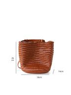 Dimension guide for the brown handwoven vegan leather tote bag, showing precise height and base measurements.